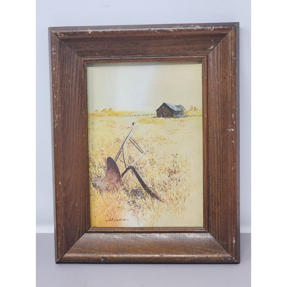 Vintage Phil Prentice 1976 Farm Scene Print In Rustic‎ Wooden Frame